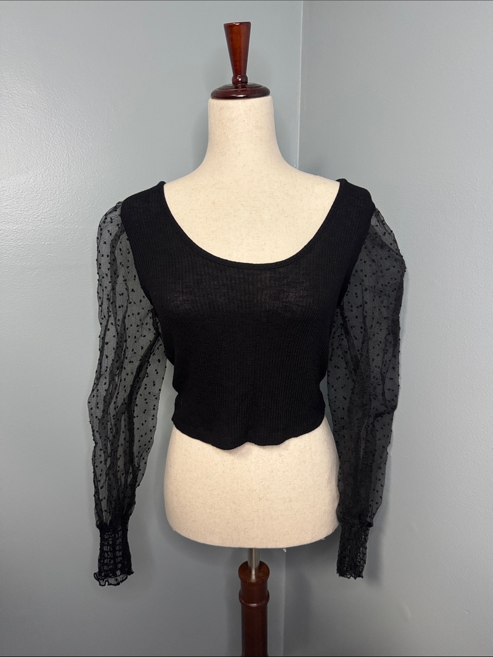 Altar'd State Women’s Black Crop Sheer Sleeve Top Sz L